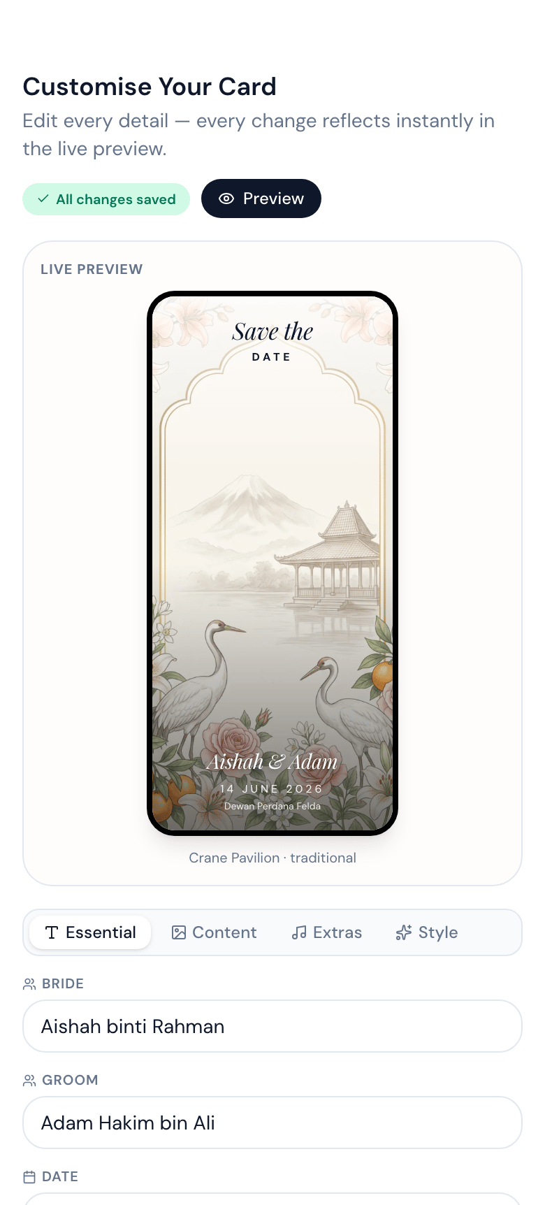 Customising the invitation card in the editor, on a phone