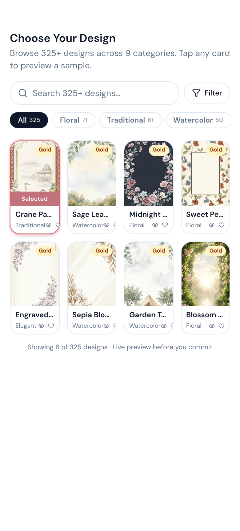 Browsing invitation card designs, on a phone