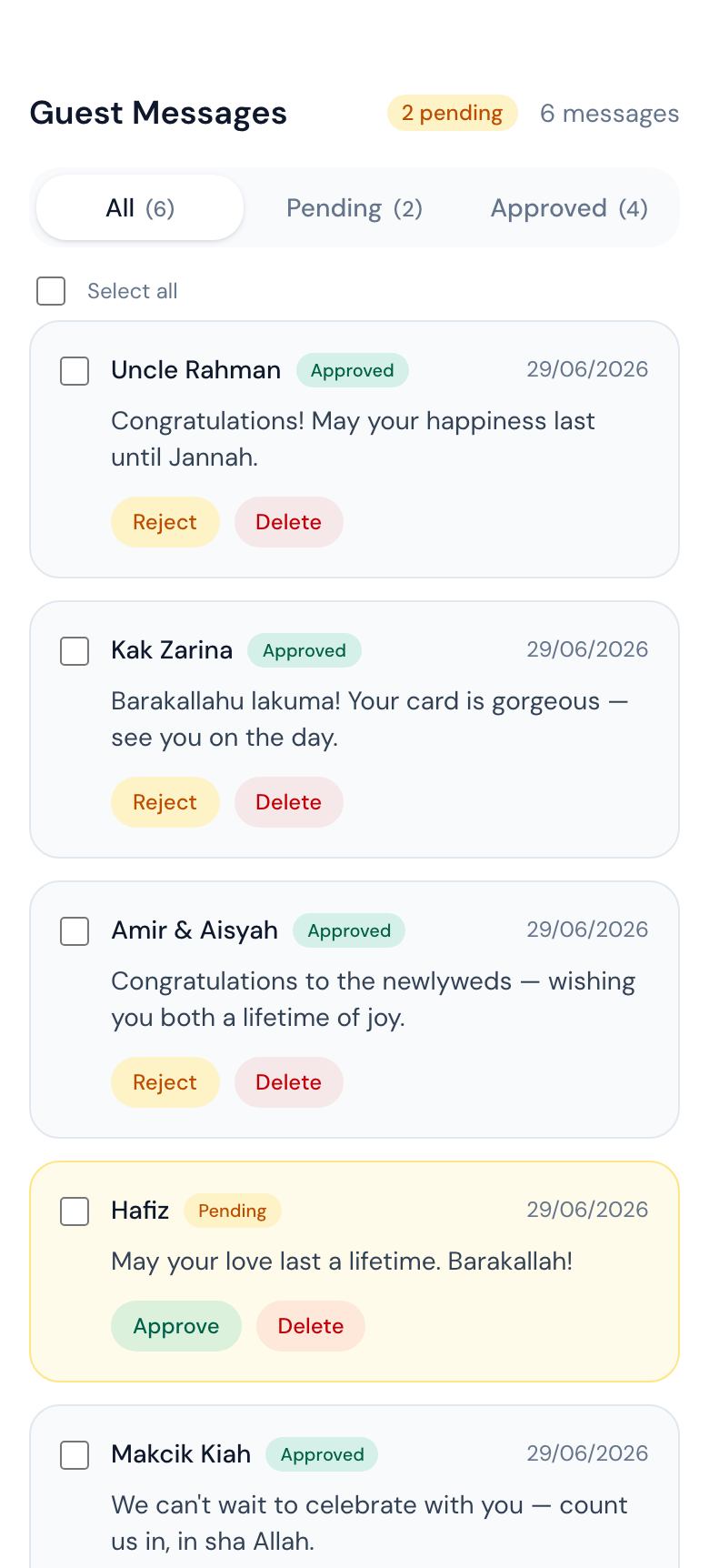Guestbook moderation with pending and approved messages on a phone