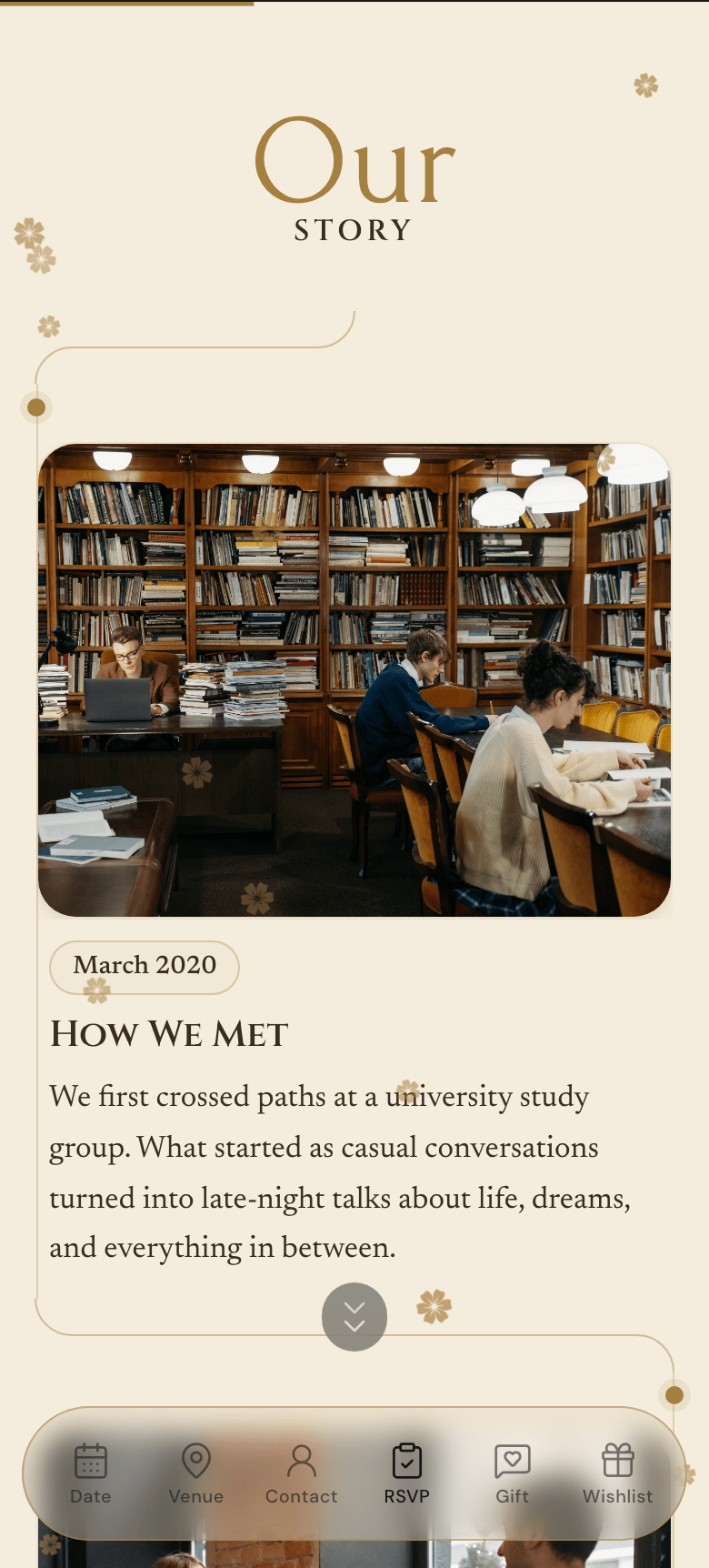 Our Story timeline inside the invitation card on a phone