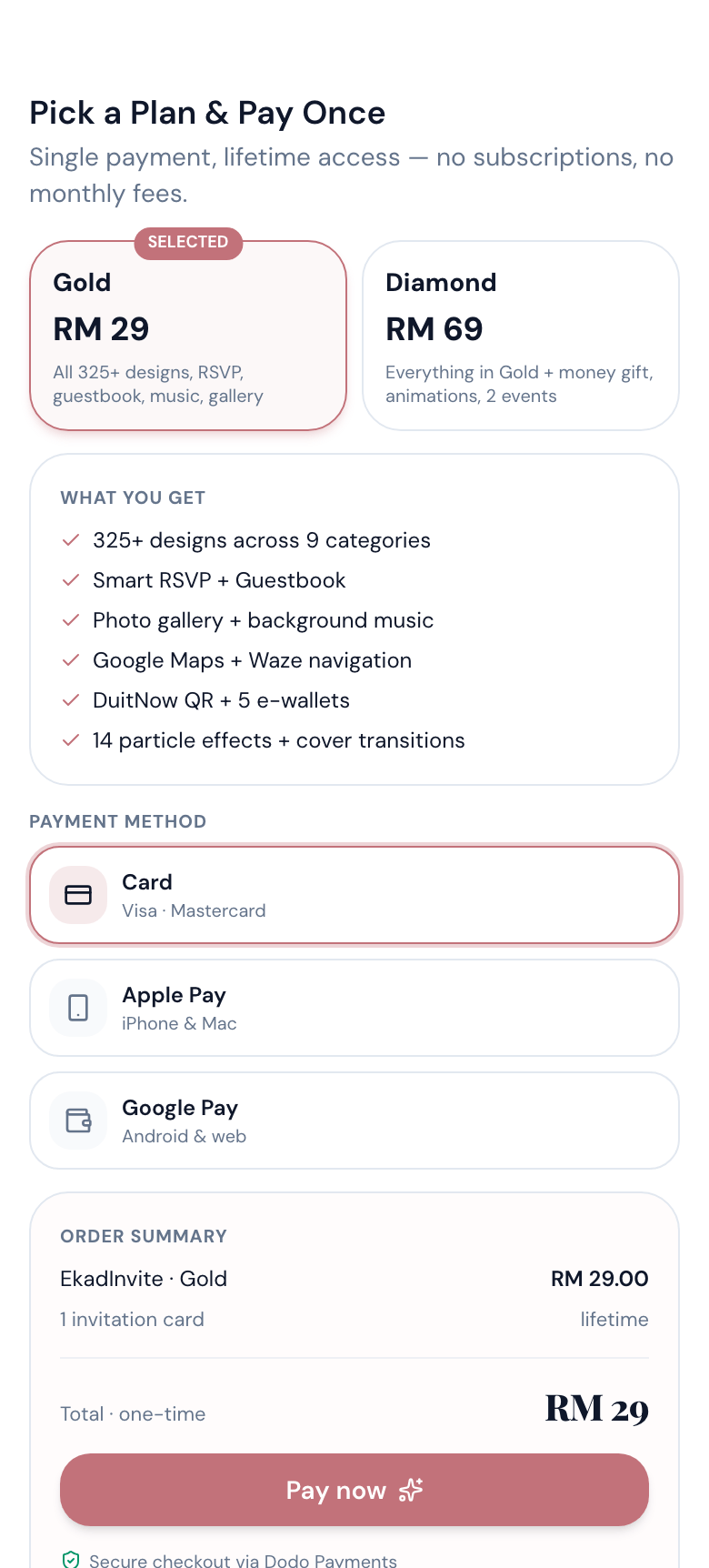 Choosing a plan and paying once, on a phone