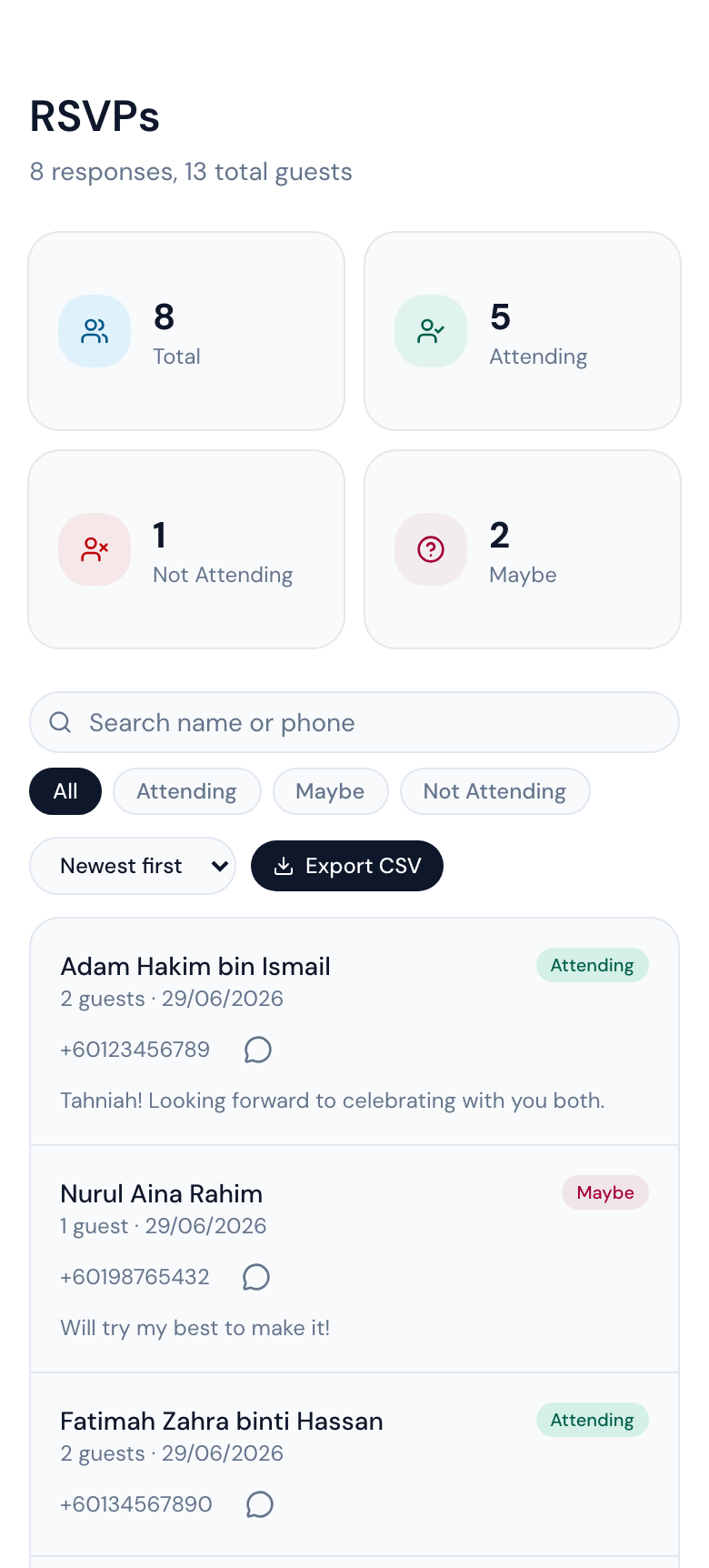 Live RSVP list with attendance stats on a phone