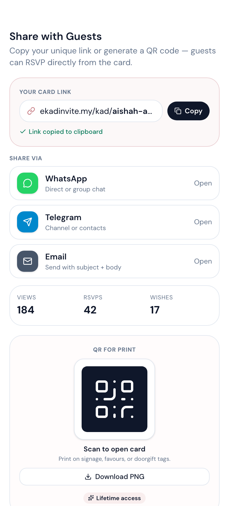 Sharing the invitation link and QR code, on a phone