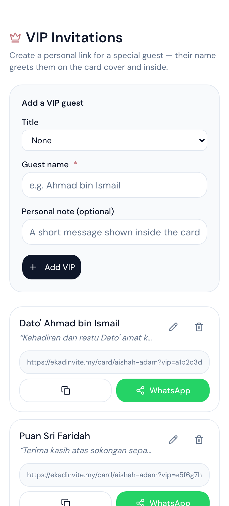 VIP invitation manager creating a personal guest link on a phone