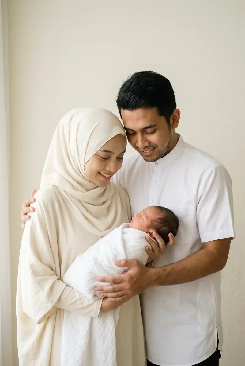 Ibu bapa Melayu mendukung bayi baharu yang dibedung
