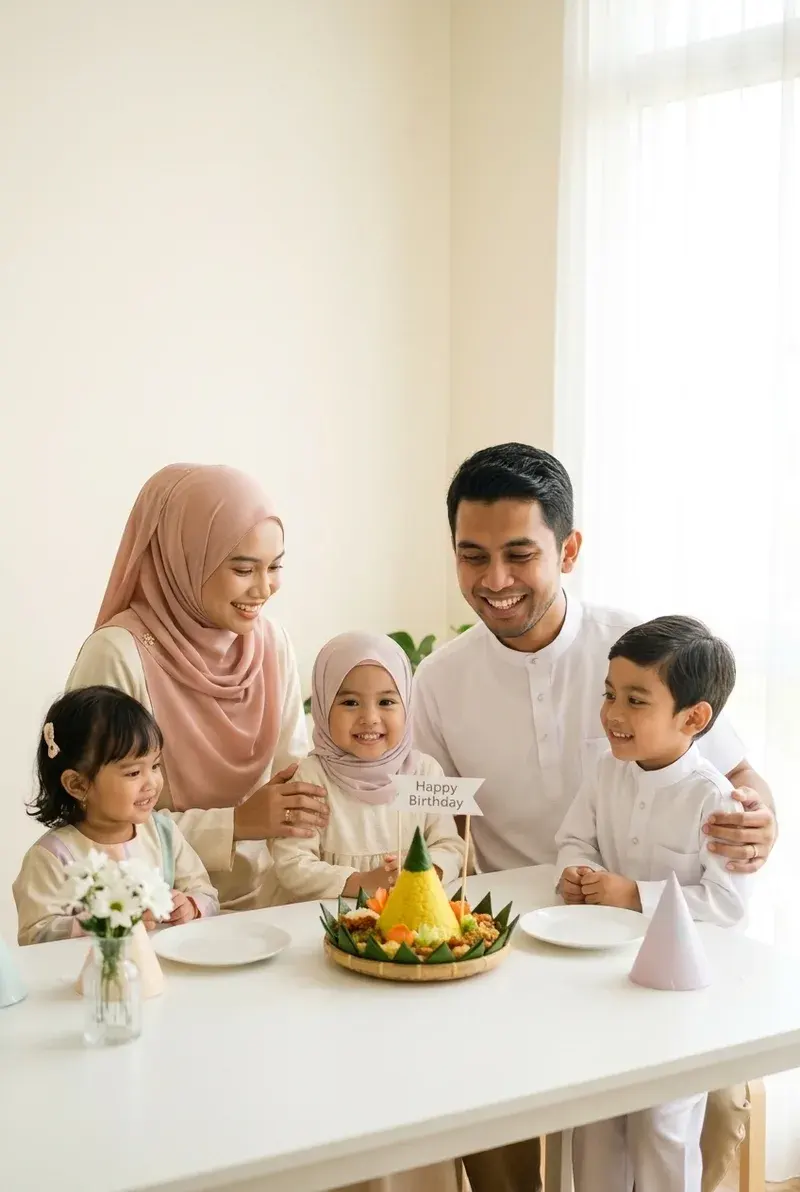 Keluarga Melayu mengelilingi nasi tumpeng hari jadi di rumah