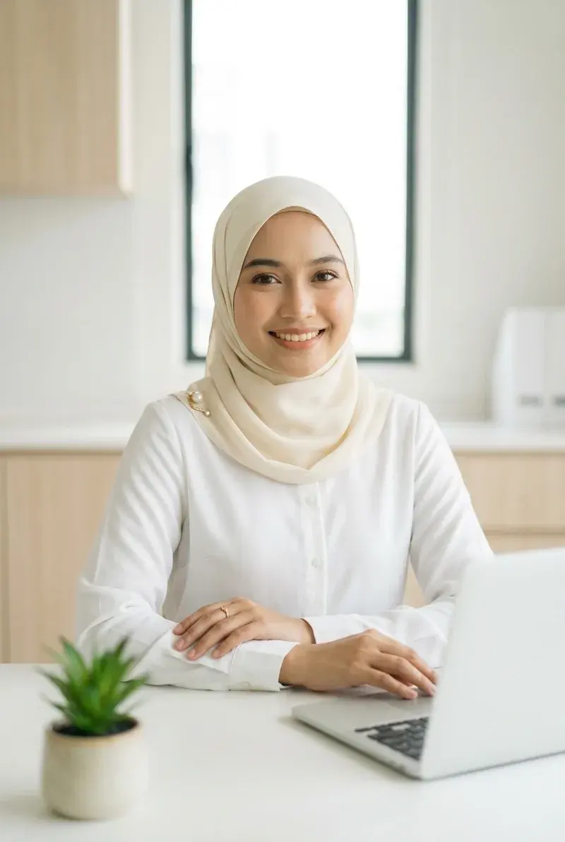 Ahli perniagaan wanita Malaysia bertudung di meja pejabatnya