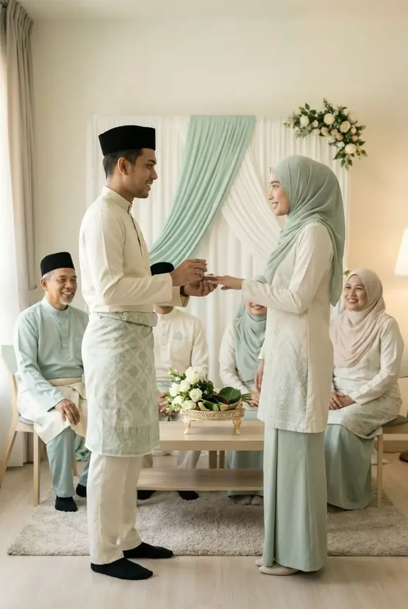 Pasangan Melayu bertukar cincin pada majlis pertunangan bersama keluarga