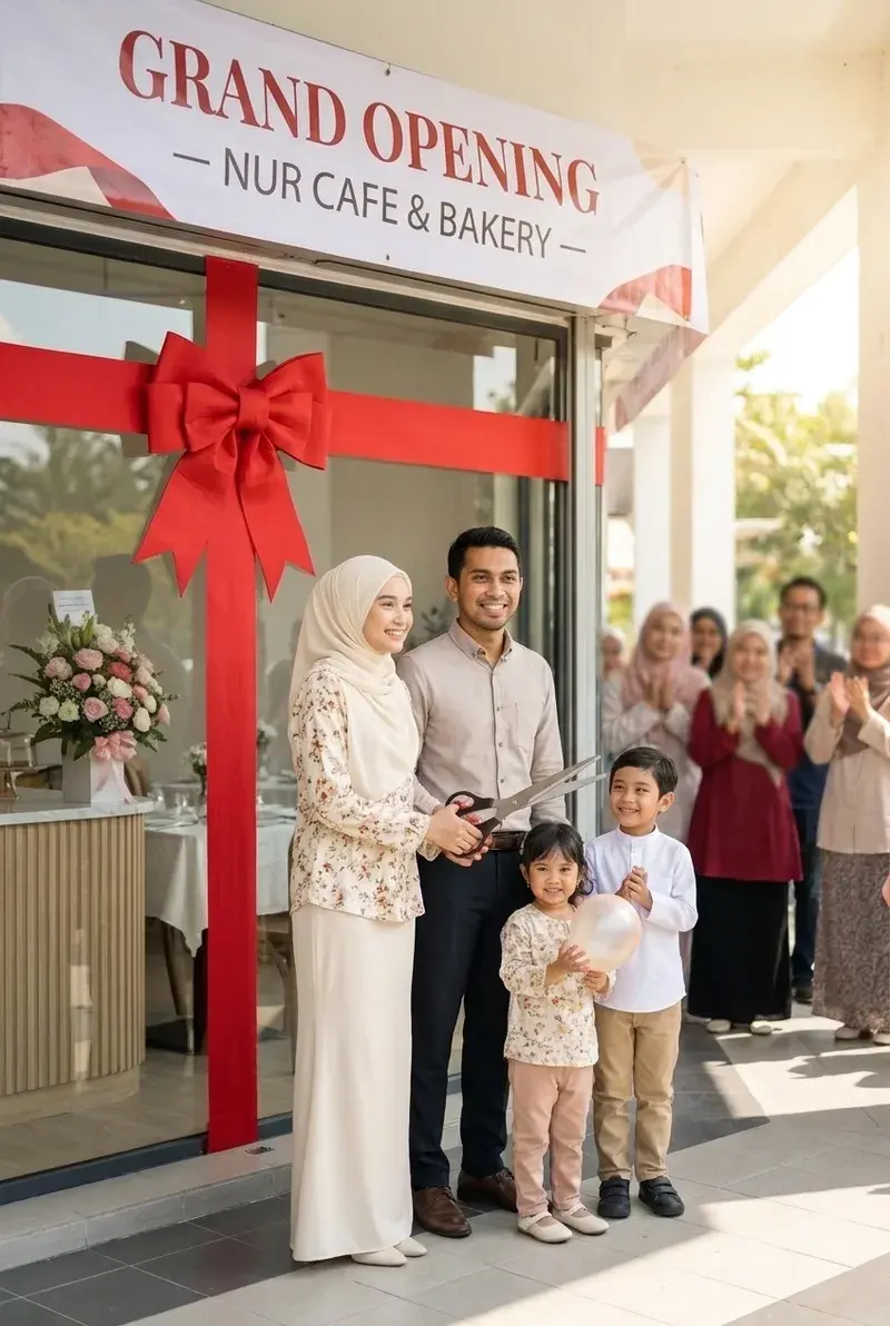 Keluarga Melayu menggunting reben merah di kafe baharu mereka sambil tetamu bertepuk tangan di bawah sepanduk pembukaan rasmi