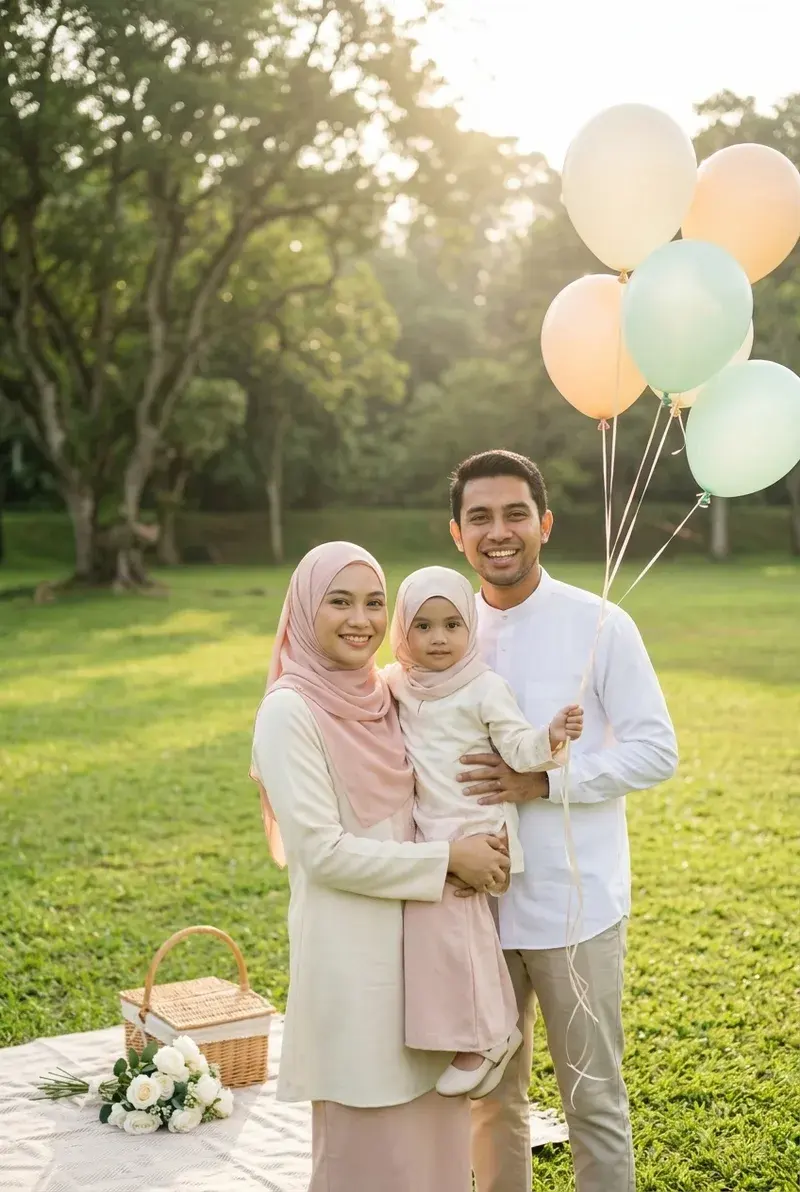 Keluarga Melayu meraikan sambutan di luar dengan belon