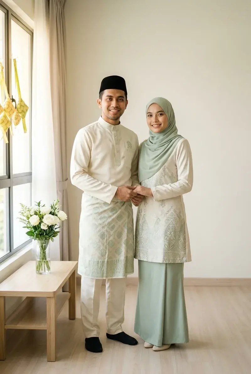 Pasangan Melayu berbaju Melayu dan baju kurung di rumah berhias sempena Hari Raya