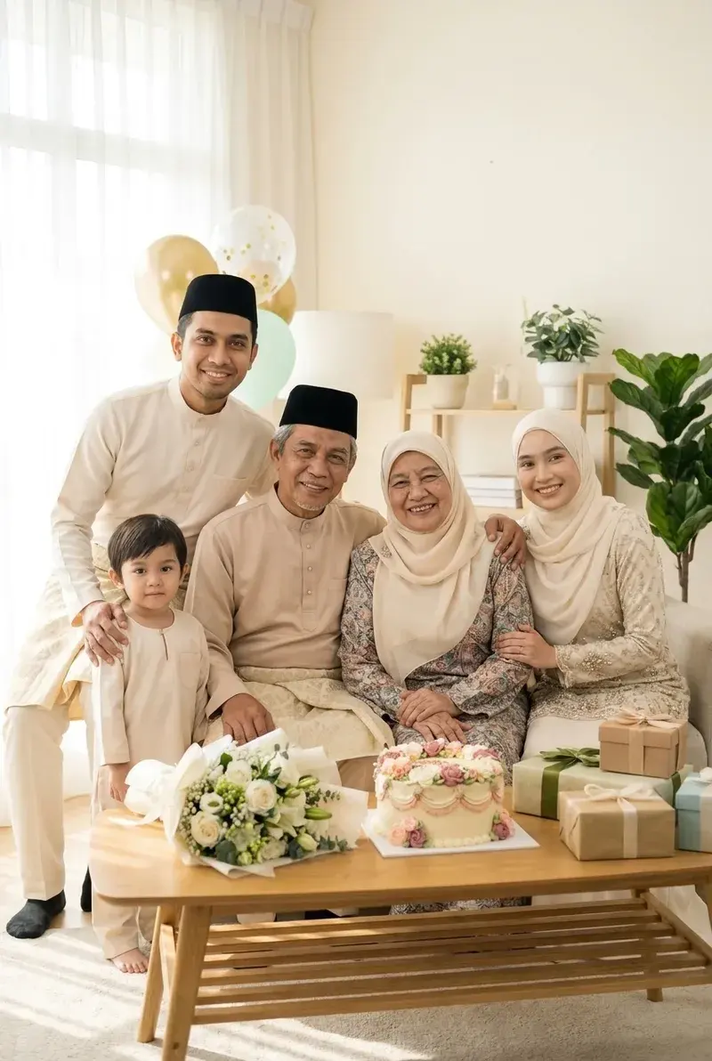 Tiga generasi keluarga Melayu berbaju sedondon krim meraikan orang tua mereka dengan kek, bunga dan hadiah