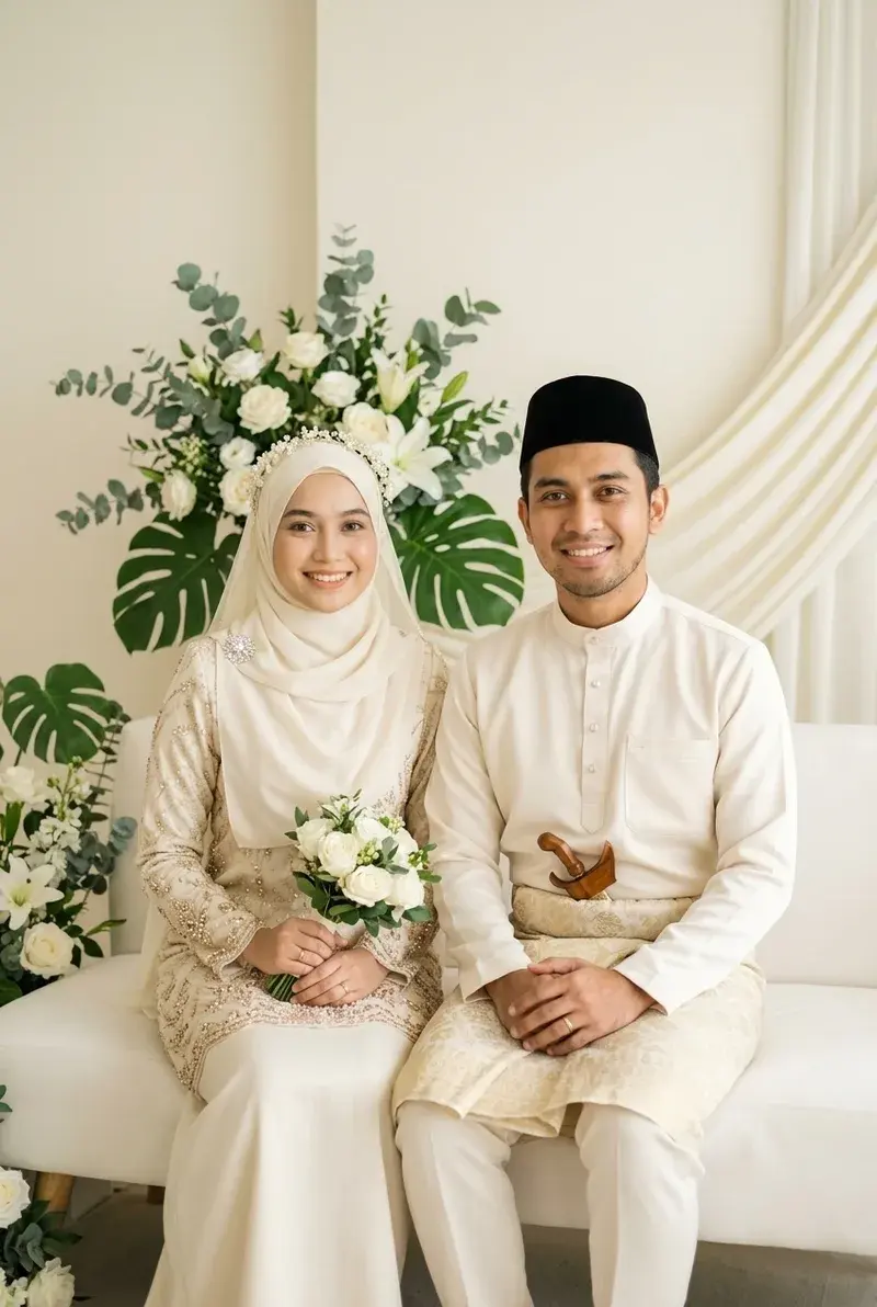 Pasangan Melayu berbaju tradisional di atas pelamin berbunga