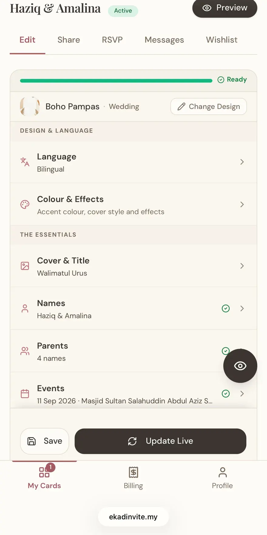 Sesuaikan & Terbitkan — dipaparkan dalam aplikasi EkadInvite pada telefon