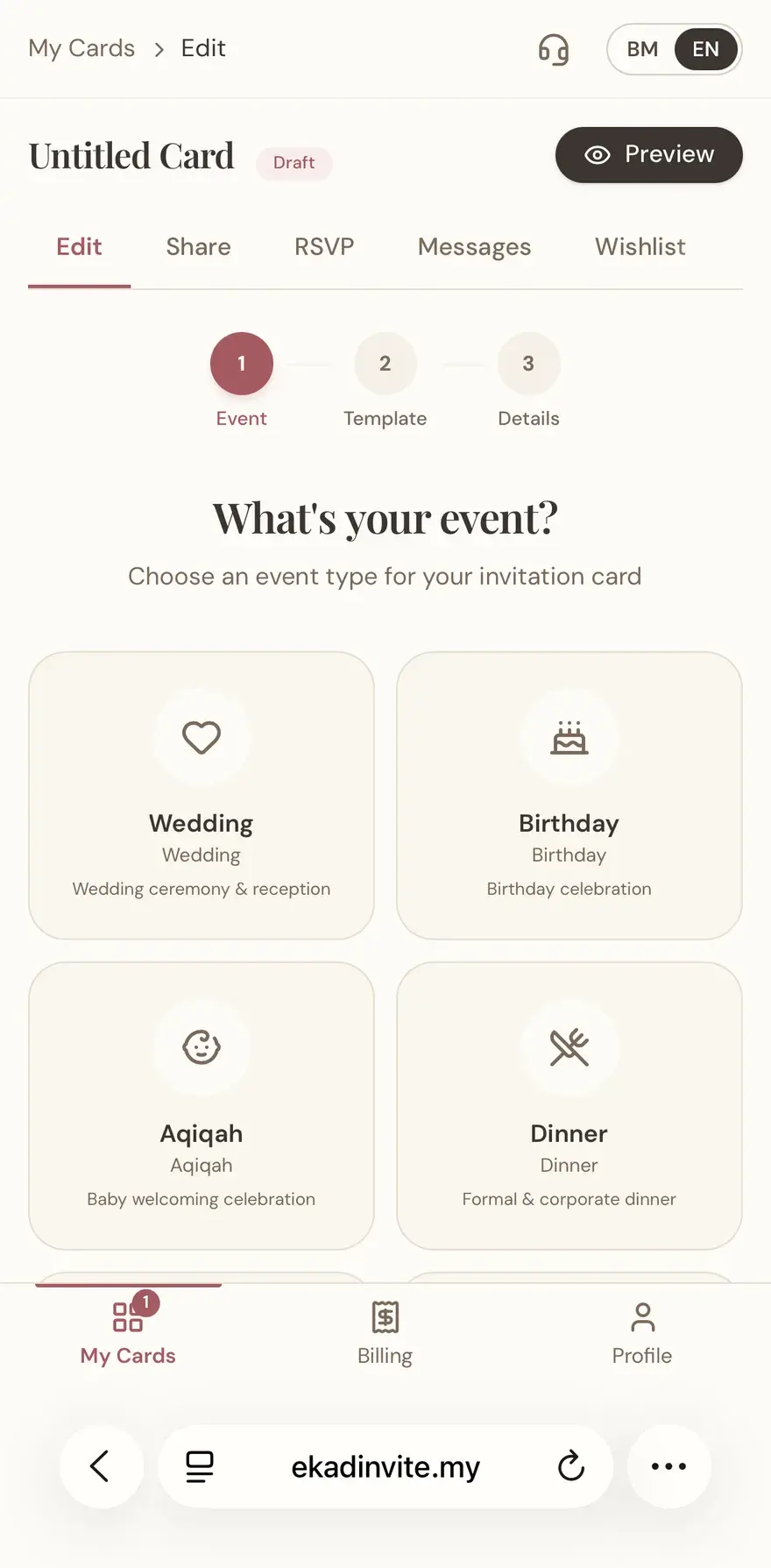 Pilih Reka Bentuk Anda — dipaparkan dalam aplikasi EkadInvite pada telefon