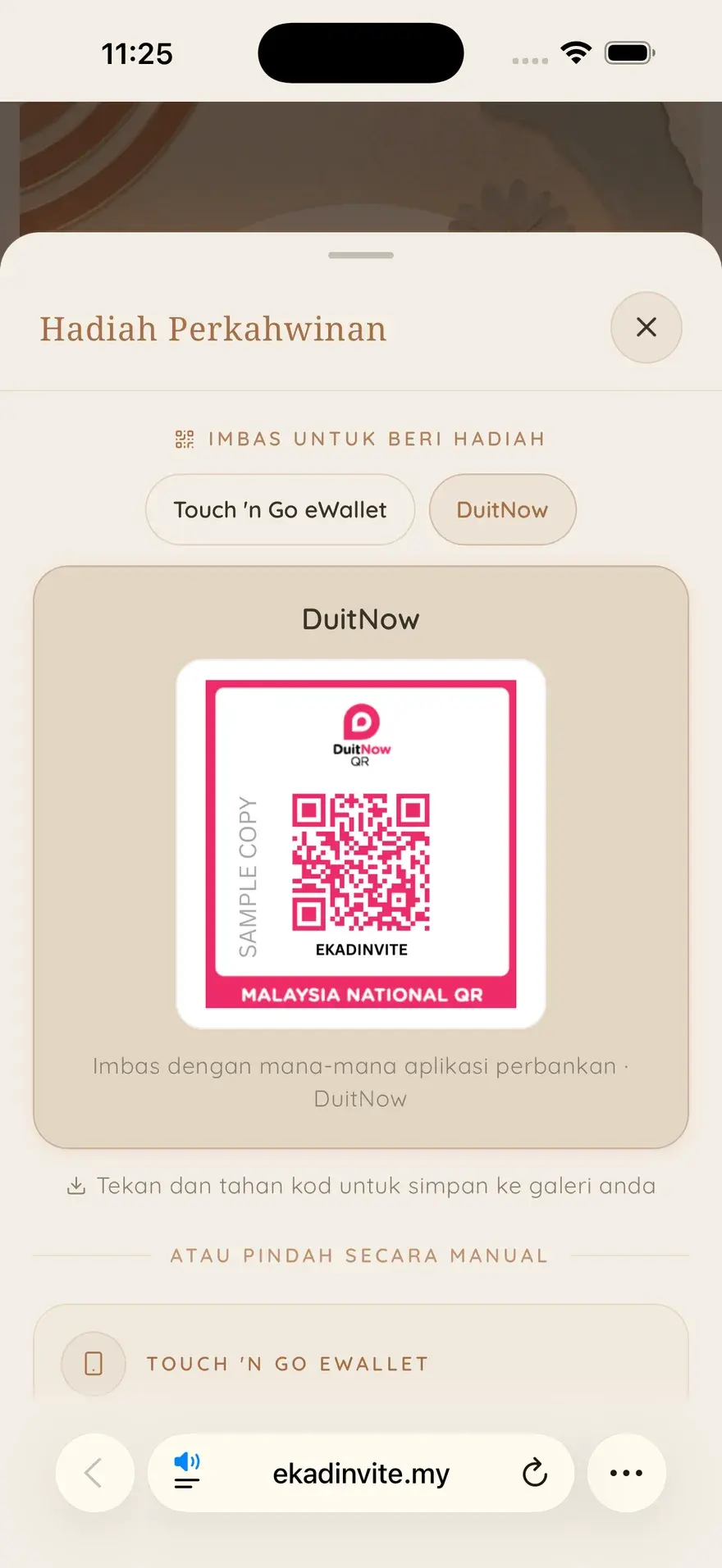 Duit Hadiah Digital — dipaparkan di dalam kad EkadInvite sebenar pada telefon