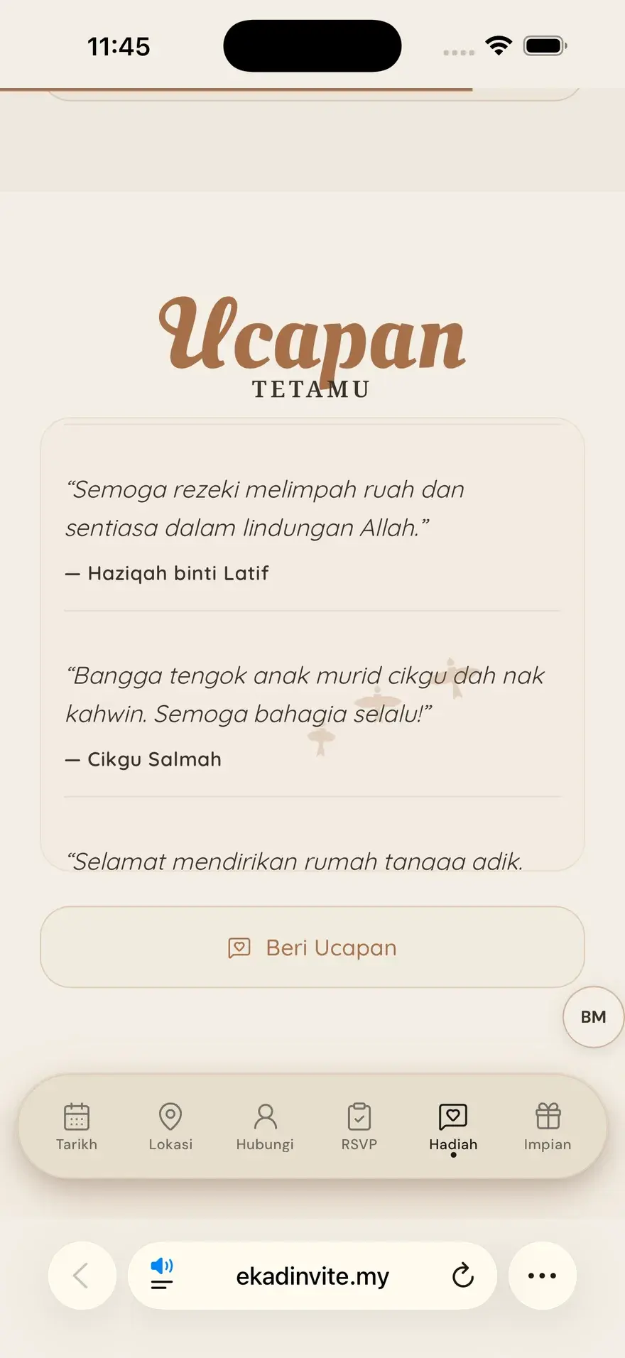 Buku Tetamu Digital — dipaparkan di dalam kad EkadInvite sebenar pada telefon