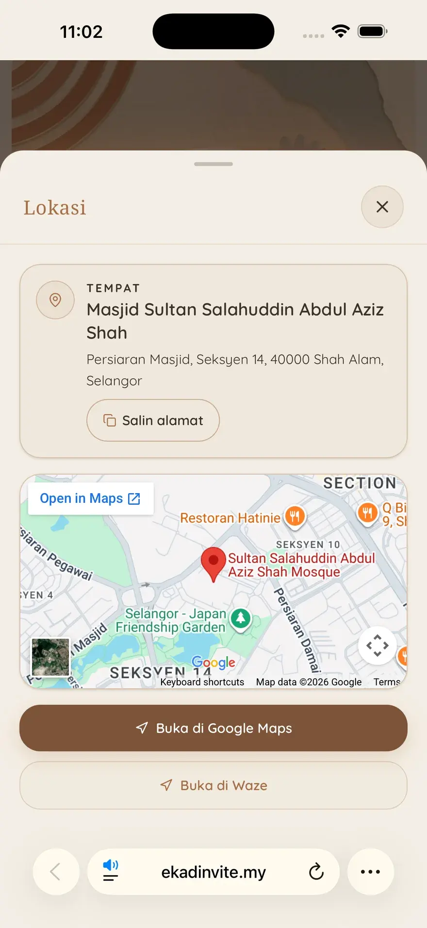 Navigasi GPS — dipaparkan di dalam kad EkadInvite sebenar pada telefon