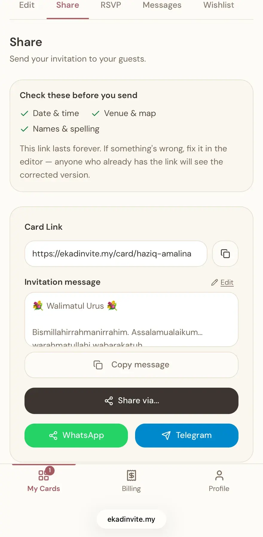 Kongsi Melalui WhatsApp — dipaparkan dalam aplikasi EkadInvite pada telefon