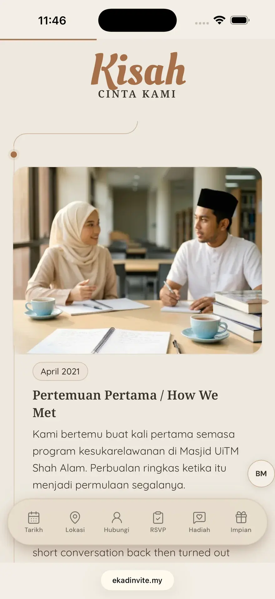 Garis Masa Kisah Kami — dipaparkan di dalam kad EkadInvite sebenar pada telefon