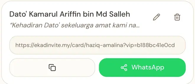 Jemputan Tetamu VIP seperti yang dipaparkan dalam dashboard anda